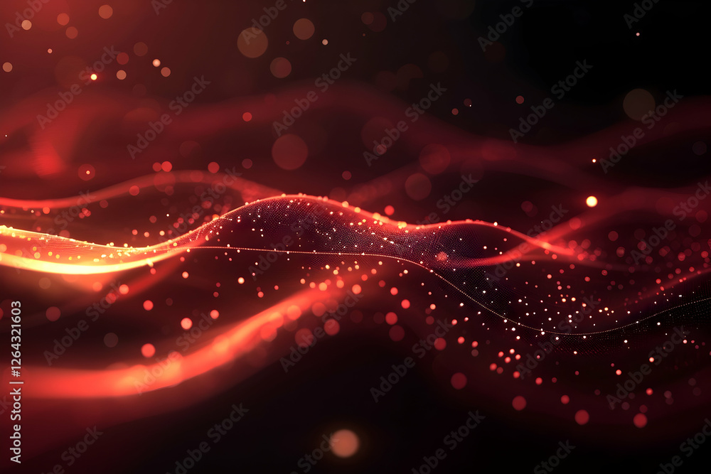 Poster abstract representation of flowing waves with glowing particles in a dark background, showcasing mot