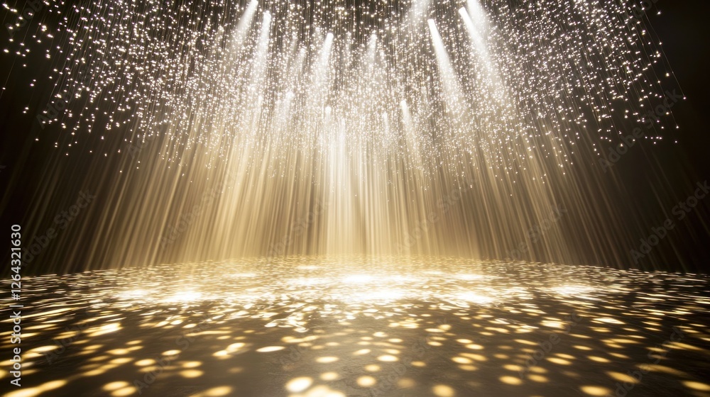 Poster a radiant stage with beams of light and sparkling particles, creating a magical atmosphere.