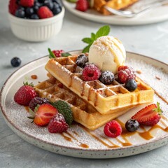 Double Stacked Waffles with Berries and Ice Cream, Food Photography, Dessert, Sweet Treat, Waffles, Berries, Ice Cream