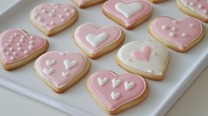 Heart-shaped cookies with pink and red icing, decorated with love-themed designs, perfect for Valentine's Day, weddings, anniversaries, or romantic celebrations. 
