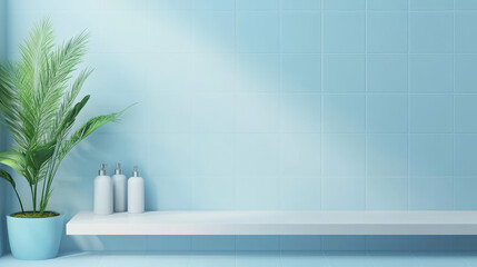 White shelf on pastel blue wall with square tile pattern. Bathroom or kitchen interior product podium. Realistic 3d vector illustration restroom or cuisine scene with empty goods display podium mockup