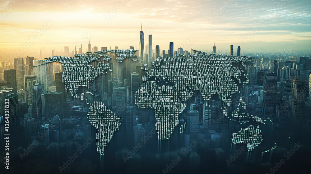 Poster digital world map made of binary code on a city background, global network concept