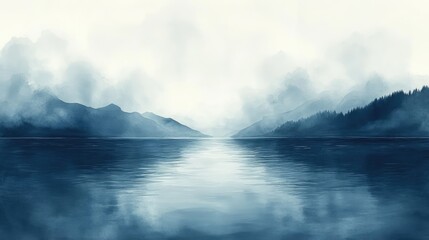 Serene landscape featuring tranquil water reflecting foggy mountains and soft clouds
