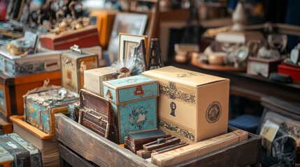 Cardboard box piles with house stuff for move to new home, garage sale or storage concept. Cartoon vector illustration set of open and closed carton pack stack with plant in pot, lamp and pictures.