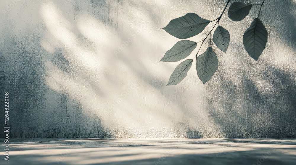 Aufkleber sun light and shadow on wall floor overlay background. grey tree leaf nature shade texture with blur