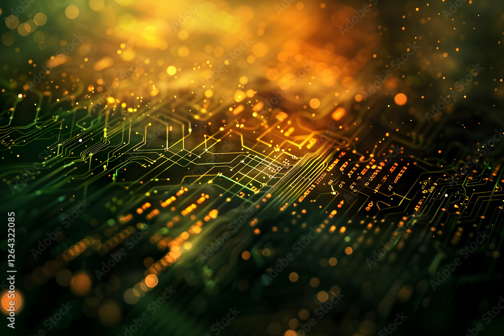 Poster abstract close-up of a vibrant circuit board with glowing lights and intricate patterns in a dark se