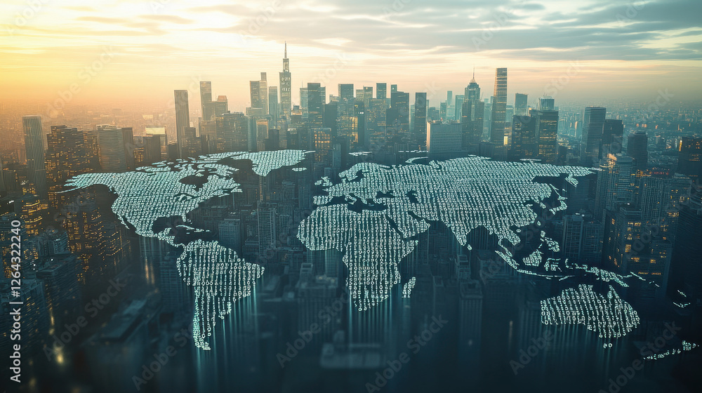 Poster digital world map made of binary code on a city background, global network concept
