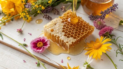 Fototapeta premium Honeycomb with Wildflowers Golden Honey Pour, Close-up, Floral Still Life, Honeycomb Texture, Sweet Treat Honey, Bee