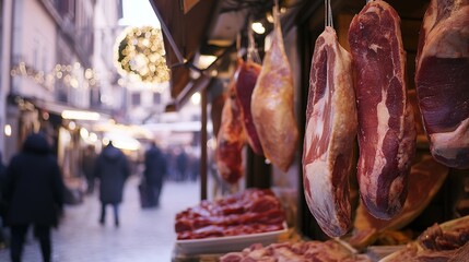 Cured Meat Hanging Outside Shops on the Street in Winter. Traditional Delicacies Displayed in Cold Weather, Reflecting Rich Culinary Culture.