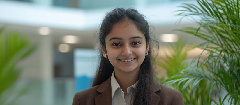 Smiling girl, lobby portrait, plants, modern building, profile pic