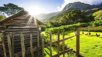 Fototapeta premium Exploring a Beautifully Aged Wooden Cabin in Lush Green Mountains During Sunrise for Nature Photography