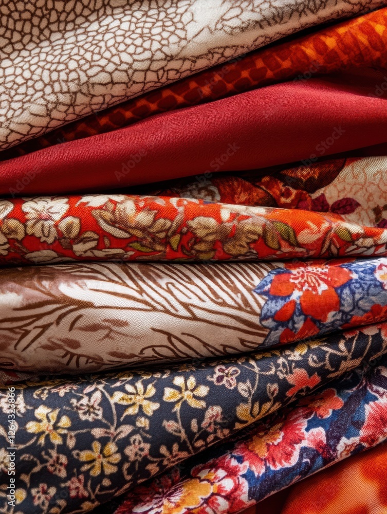 Aufkleber close up view of vibrant patterned fabrics featuring floral and geometric designs with space for tex
