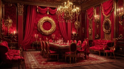 Luxurious Red Draped Parlor with Golden Accents and Elegant Decor