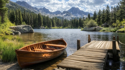 Obraz premium Wooden fishing boat docked at old pier on lake or river near rocky mountains. Cartoon vector landscape of water pond near stone hills, trees and firs on shore, vessel near bridge made of wood.