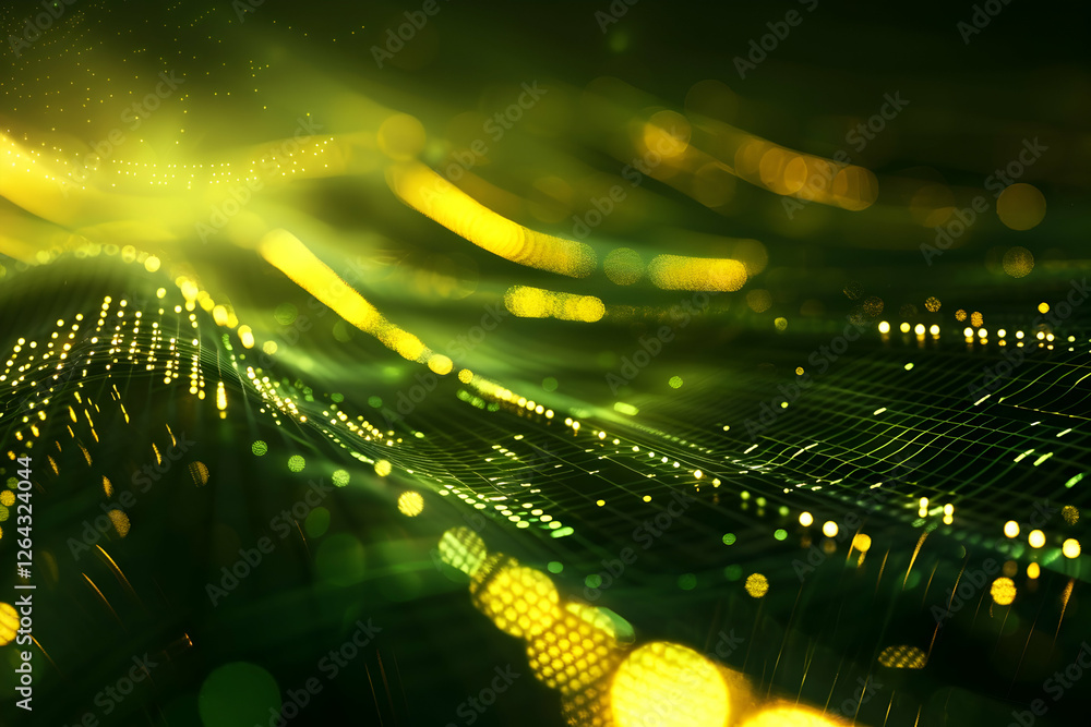 Poster abstract digital waves of green and yellow light creating a dynamic and vibrant background scene