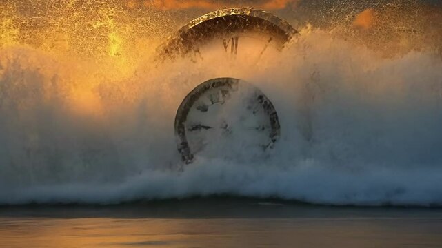 Giant clock washed ashore at sunset creating a surreal seaside landscape