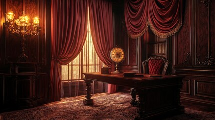 Dimly Lit Study With Heavy Burgundy Drapes And Elegant Furniture