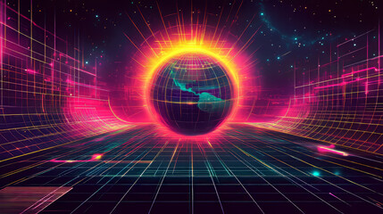 Obraz premium Y2k aesthetic techno banners set. Vector realistic illustration of retrowave style posters with geometric lines and wireframe globe on black background, retro futuristic vibe announcement flyers