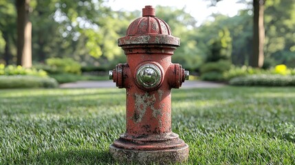A weathered red fire hydrant stands prominently in a lush green park surrounded by trees