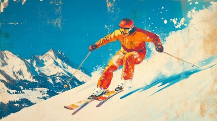 Vintage Ski Poster. Active Skier Carving Down Mountain Slope. Winter Sport Vacation, Extreme Sports, Skiing.