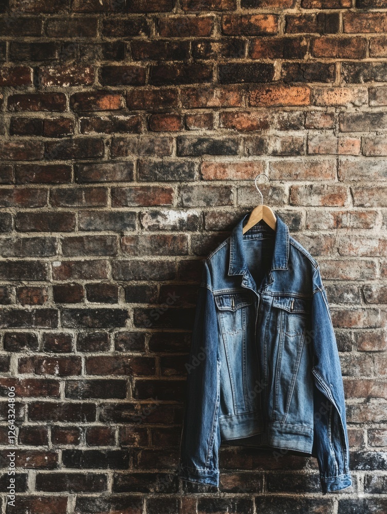 Poster denim jacket hanging on rustic brick wall with space for additional text or branding. generative ai