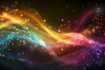 Colorful abstract waves with sparkling particles flowing against a dark background