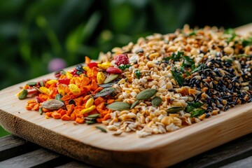 Bird food mix on wood tray with blurred green leaves background for pet care ads