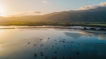 Fototapeta premium A Breathtaking Sunrise Over an Enchanting Landscape with Flying Birds Tranquil Lake Aerial View Serenity and Nature