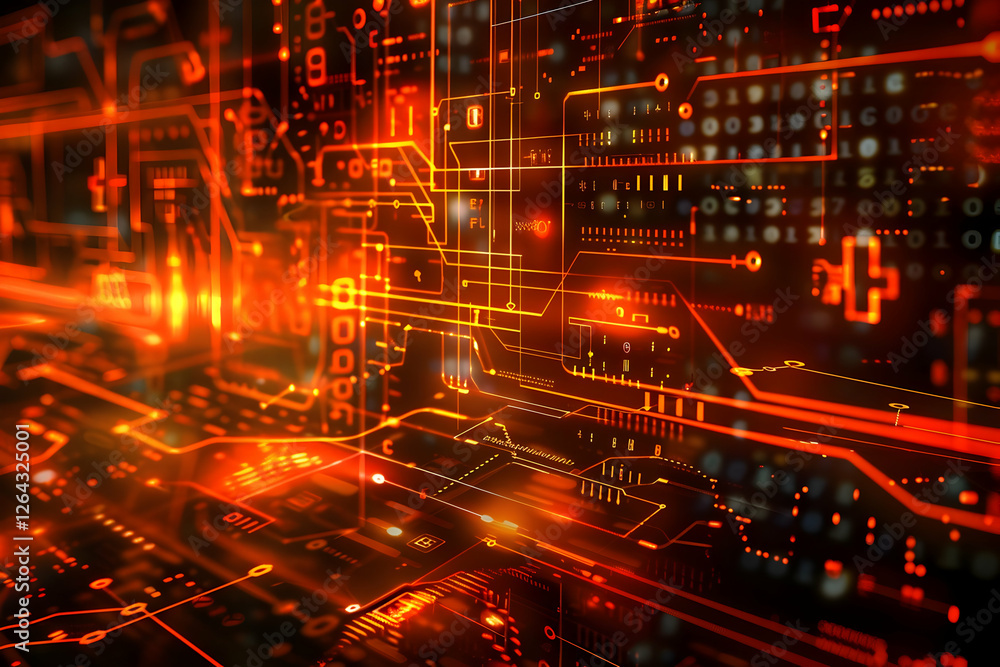 Poster abstract digital circuit board design with glowing orange lines and binary code in the background