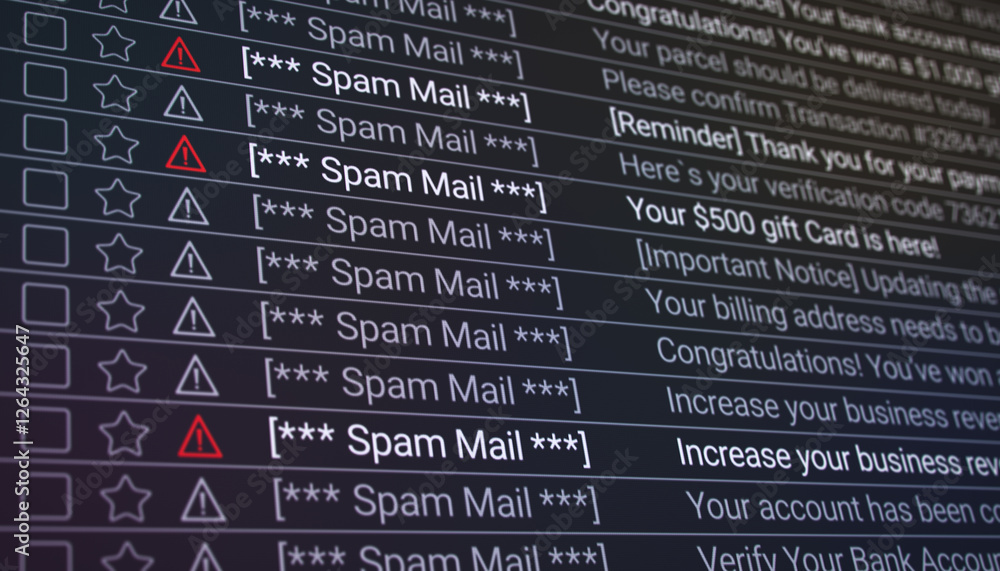 Poster illustration of a list in the internet browser with detected spam emails - close-up.