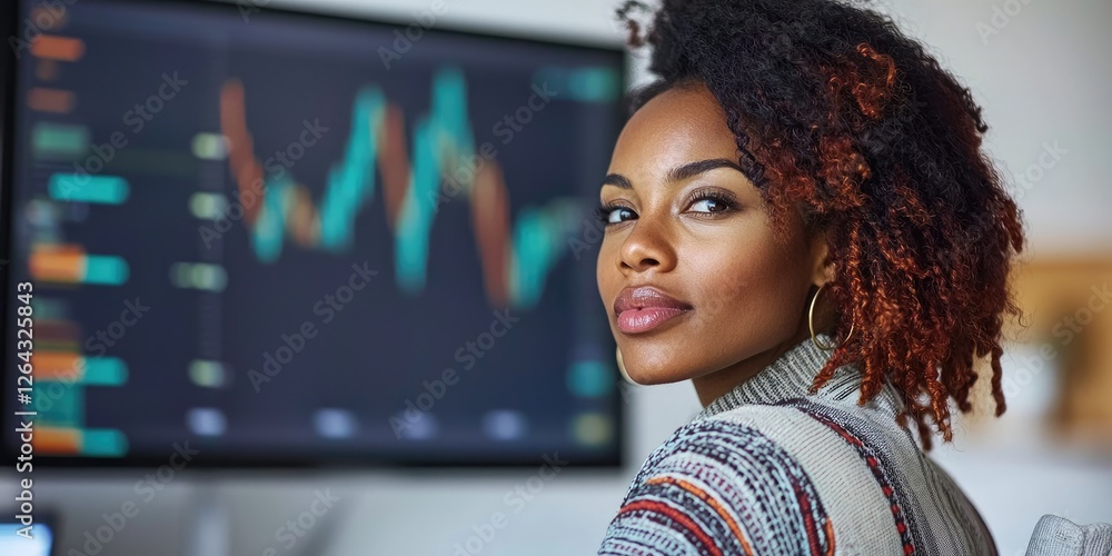 Poster a wide-angle view of a woman presenting financial strategies beside a screen displaying charts, her 