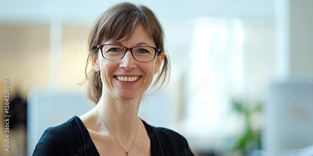 Aufkleber a bright and airy office scene of a woman meeting clients, her friendly expression captured in a hig