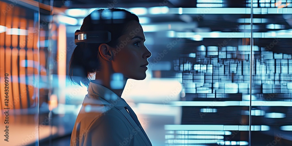 Poster medium shot of a woman testing a virtual reality app in a futuristic workspace, her focused expressi