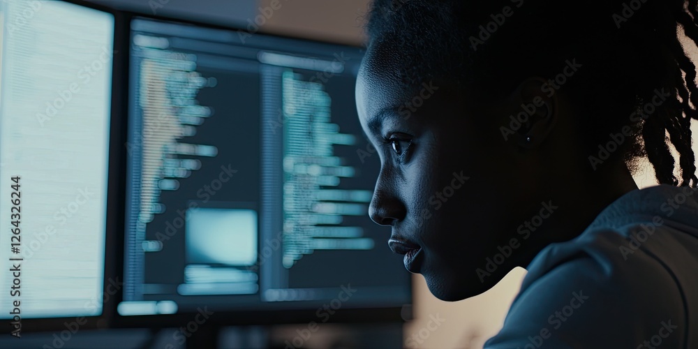 Poster a woman coding at her desk, dual monitors displaying code, her focused expression enhanced by the so