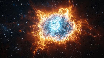 A massive supernova explosion in deep space, radiating intense blue and fiery orange plasma, surrounded by cosmic dust and distant stars. A breathtaking astronomical event