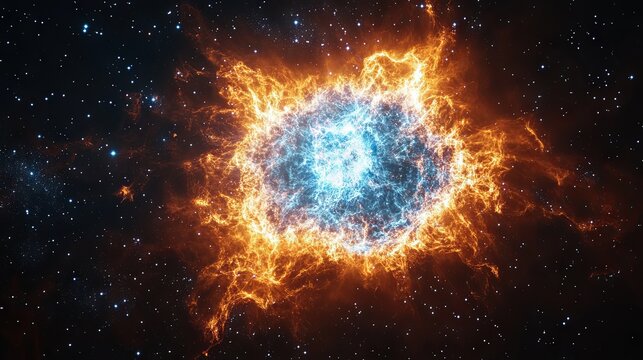 A massive supernova explosion in deep space, radiating intense blue and fiery orange plasma, surrounded by cosmic dust and distant stars. A breathtaking astronomical event