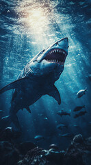Fototapeta premium Realistic photograph of a megalodon, an underwater scene with dramatic lighting, showcasing its sharp teeth and powerful body, surrounded by fish in the ocean,