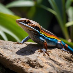 Fototapeta premium Colorful Skink Resting on Rock Amidst Lush Tropical Plants and Blossoms