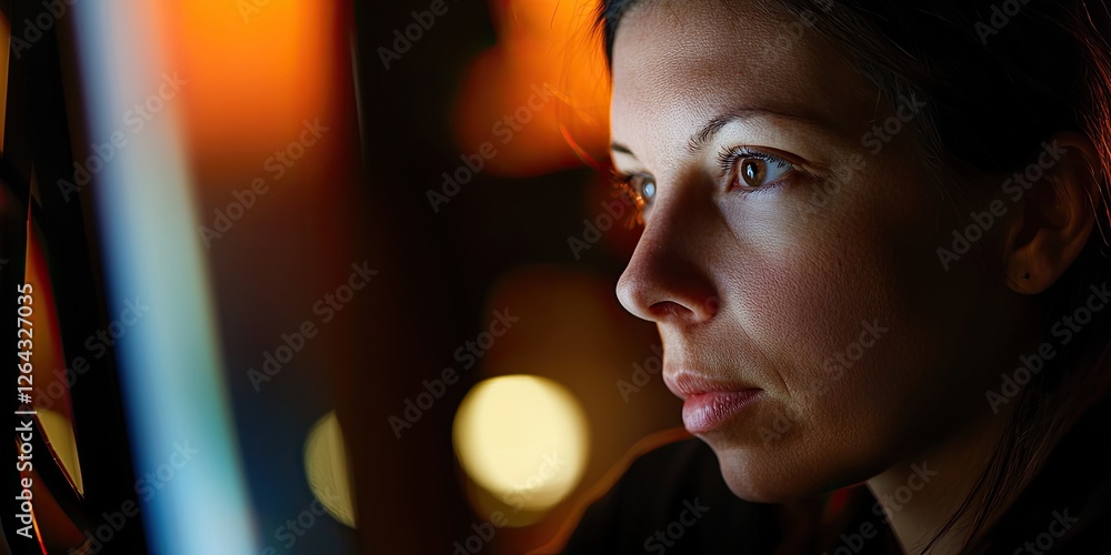 Poster portrait of a woman examining code on a large monitor, her thoughtful expression framed by ambient l