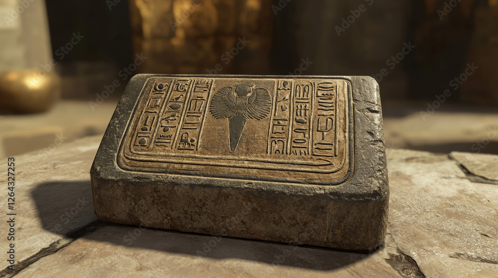 Aufkleber stone board or clay tablet with scarab beetle and egyptian hieroglyphs cartoon vector illustration a