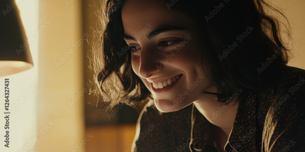 Poster a woman reviewing her code in a tech workspace, her subtle smile showing satisfaction as she solves a problem, with warm lighting enhancing the calm and focused environme