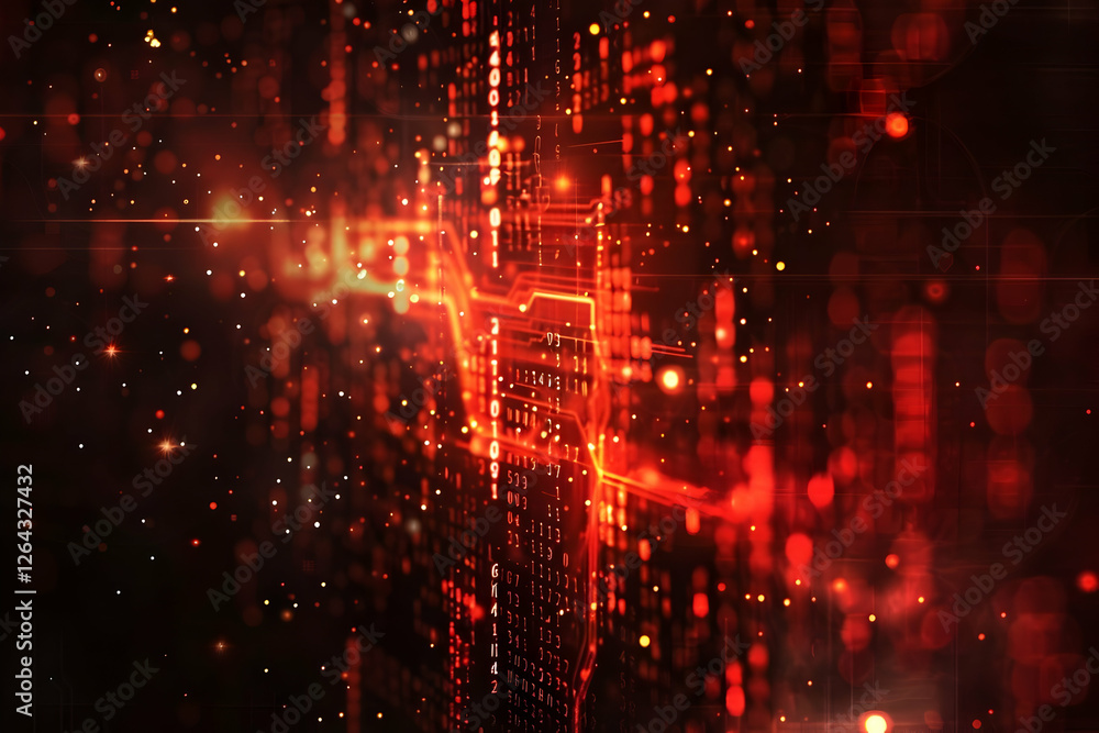 Poster abstract digital background featuring glowing red lines and binary code with a futuristic feel