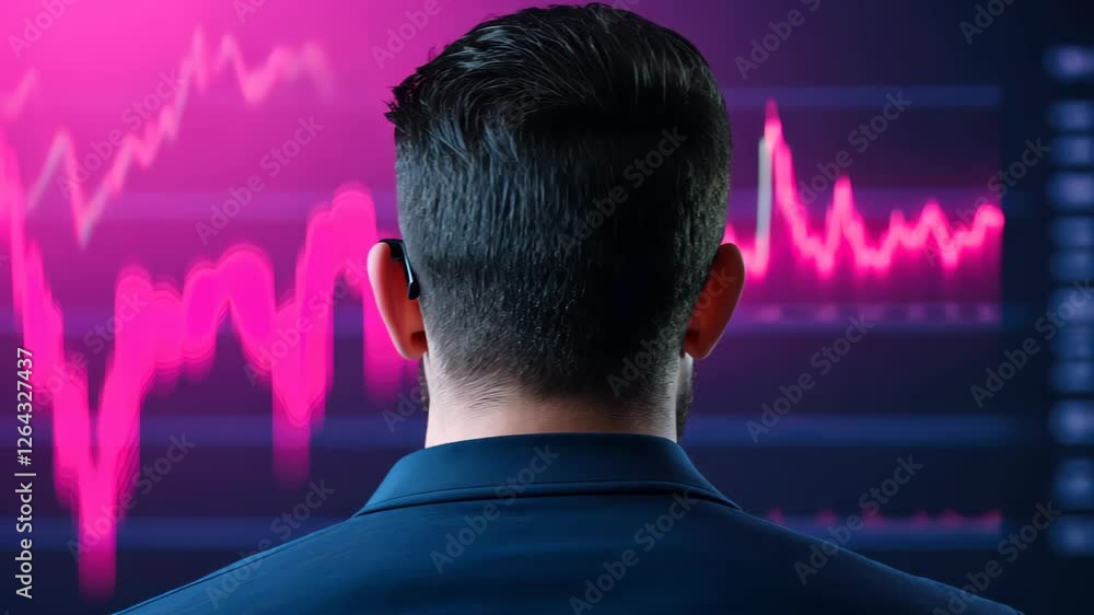 Aufkleber crypto investor analyzing digital currency trends on futuristic interface with vibrant pink data vis