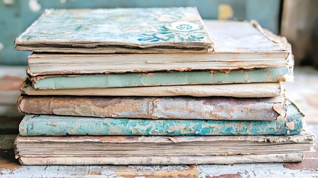 Stacked vintage books with worn covers resting on a rustic wooden table in a cozy setting - Powered by Adobe