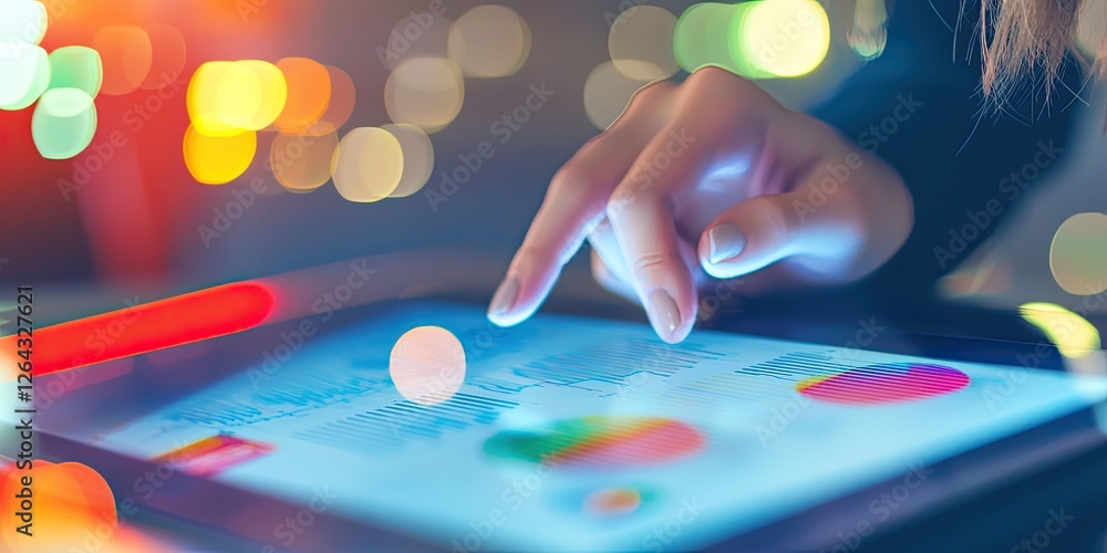 Poster a woman analyzing tech documents on a tablet, her concentrated expression as she scrolls through dat