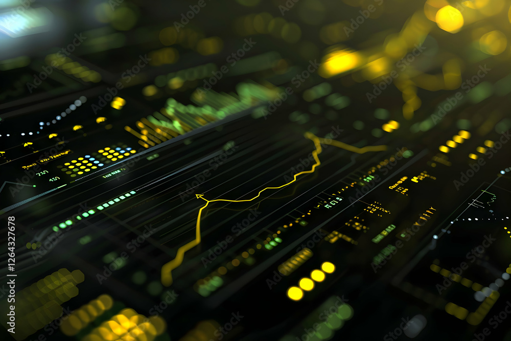 Poster abstract financial data visualization with glowing graphs and charts on a dark background