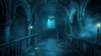 Hall interior with ghost in medieval royal castle at night. Vector cartoon illustration of empty hallway in baroque palace with stairs, balustrade, glowing candles and mystical fog