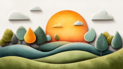 Colorful Sunset Over Nature Landscape with 3D Paper Art Elements