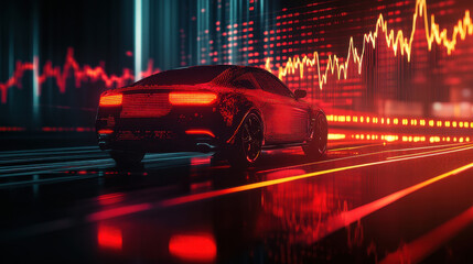 A car with red and orange neon lights on the sides is driving in front of an abstract background showing stock market charts