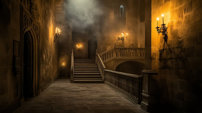 Hall interior with ghost in medieval royal castle at night. Vector cartoon illustration of empty hallway in baroque palace with stairs, balustrade, glowing candles and mystical fog